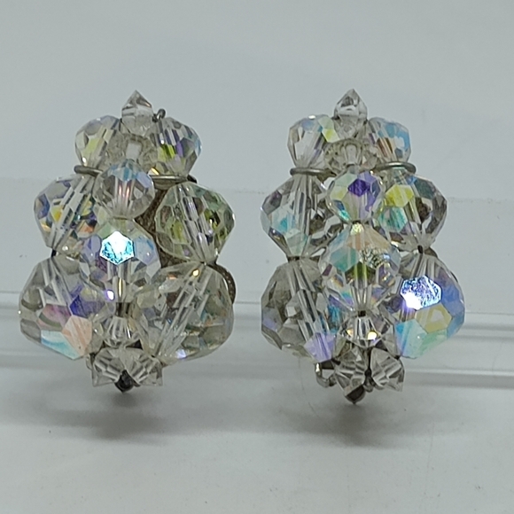* vintage AB Aurora Borealis glass crystal clip on earrings unusual shape - Picture 1 of 6